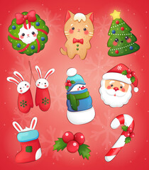 Christmas and New Year holiday collection. Christmas stickers with funny Christmas symbols characters on a red background. Merry Christmas and Happy New Year!