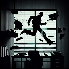 Silhouette of businessman jump inside the office room. 
People Working in Office. Happy Workers at Work. 