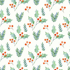 Seamless pattern made in watercolor. Tender twigs with red berries on a white background. Winter decor for wrapping paper, textiles and postcards.