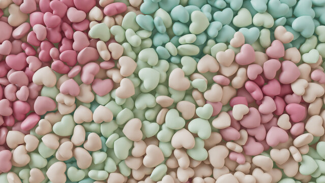 Multicolored Heart background. Valentine Wallpaper with Pink, Green and Aqua love hearts. 3D Render 