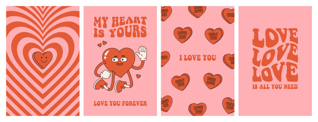 Groovy lovely hearts posters. Love concept. Happy Valentines day greeting card. Funky background in trendy retro 60s 70s cartoon style. Vector illustration in pink red colors.