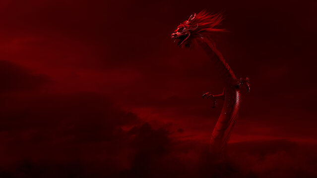 Chinese New Year Concept with Flying Dragon against a Cloudy Sky. Red design with copy-space.