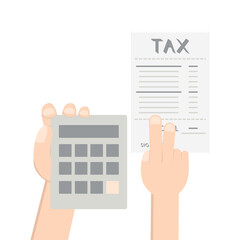 hand holding calc counting tax paper and pen