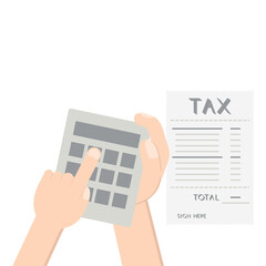 hand holding calc counting tax paper and pen