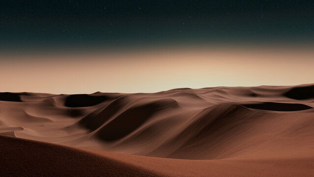 Desert Landscape with Sand Dunes and Warm Gradient Starry Sky. Surreal Contemporary Background.