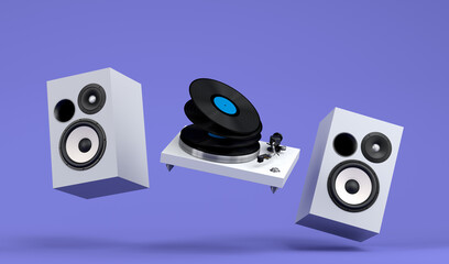 Set of Hi-fi speakers and DJ turntable for sound recording studio on violet