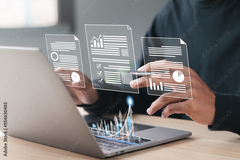 Poster businessman analyzing sales data graph growth on strategy modern interface icons. digital online mar