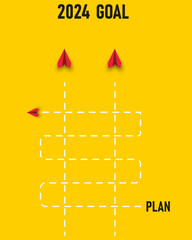 red planes are flying from plan ladder to 2024 goale. Business hierarchy structure idea concept. Business and finance marketing idea for year 2024.