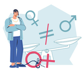 Business woman experiences restrictions in building a career and social advancement because of her gender. Gender inequality in career and rights, flat vector illustration isolated on white.