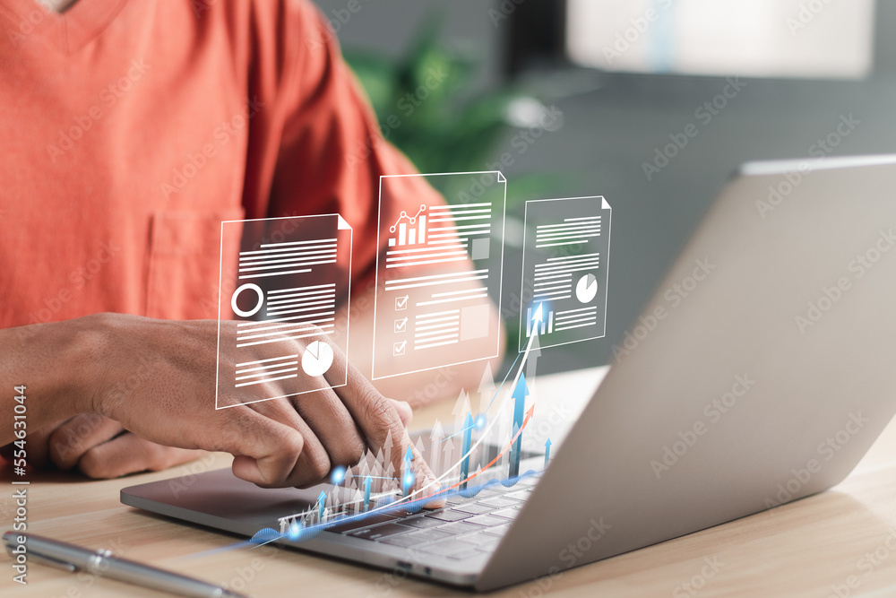Poster businessman analyzing sales data graph growth on strategy modern interface icons. digital online mar