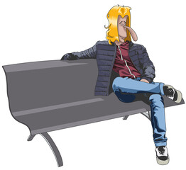 Jeune homme aux cheveux longs assis sur un banc public