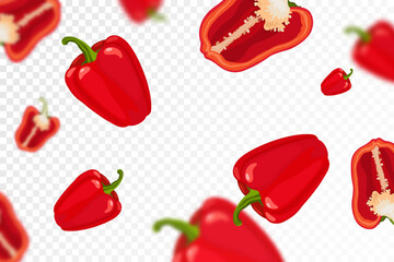 Bell pepper background. Flying or falling sweet pepper isolated on transparent background. Can be used for advertising, packaging, banner, poster, print. Flat design. Vector illustration