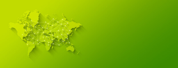 World map and digital network illustration on a green background. Horizontal banner © daboost