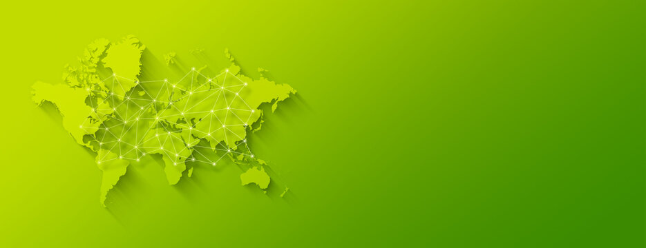 World map and digital network illustration on a green background. Horizontal banner