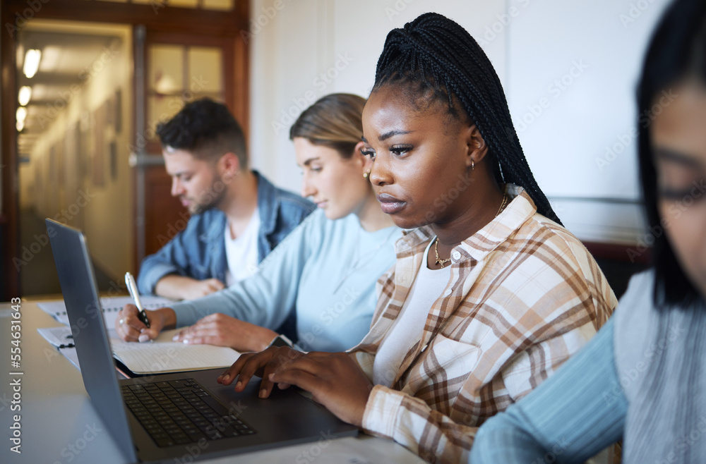 Aufkleber University, education and group of students at desk doing project, studying and learning with laptop and notebook. Academy, college and young people taking notes in classroom, study group and lecture