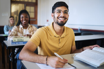 Study, classroom and students with education, learning and knowledge for exam, test and assessment in language writing. Books, notebook and happy university student with smile for diversity in class