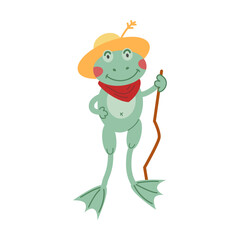 Traveling frog toad in a straw hat with a cane in hand cartoon vector illustration. Animal with tourist accessories. Travel and adventure concept