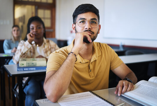 Arab man, university student and studying law for a class project with legal paper, contract documents and file of information for research homework. College education, law seminar and studying goals