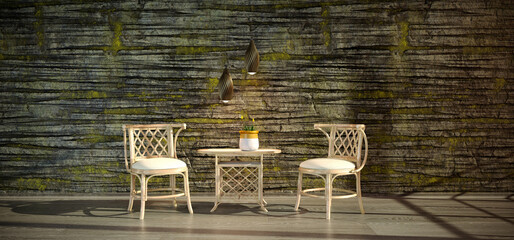 Cozy Sunny Stone Walled Garden Space With Warm Lights And Two Chairs Coffee Table Rest Empty Showroom Talk Read Realistic 3D Rendering