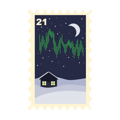 Post stamp with small house among snowdrifts and northern lights cartoon illustration. Beautiful cute postage stamp on nature theme for envelopes. Mail, post office concept