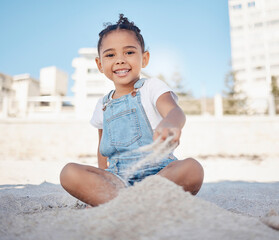 Beach, portrait or girl at a beach to play with freedom, peace and relaxing on summer holiday vacation in Brazil. Travel, nature or happy child playing on seashore or beach sand on a sunny weekend