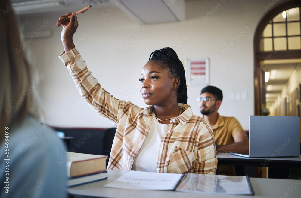 Aufkleber college student, black woman and hands to answer question in classroom for teaching, school educatio