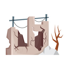 Broken building. Vector illustration of destroyed house after war, apocalypse or earthquake. Cartoon abandoned dirty property in poor condition isolated white. Poverty concept