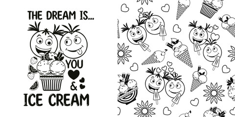 Fototapeta premium Set with romantic monochrome label, pattern with ice cream sundae, fruits, crazy emoji love couple, text, hearts. Simple minimal style, white background. For prints, clothing, t shirt design