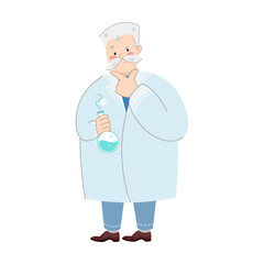 Scientist character holds a flask with liquid in his hand and scratches his chin thoughtfully. Cartoon vector illustration of funny old professor or doctor in uniform