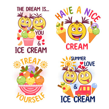 Set of funny romantic colorful label with ice cream sundae, crazy emoji love couple, text, halftone shapes, hearts. Simple minimal style. For prints, clothing, t shirt design