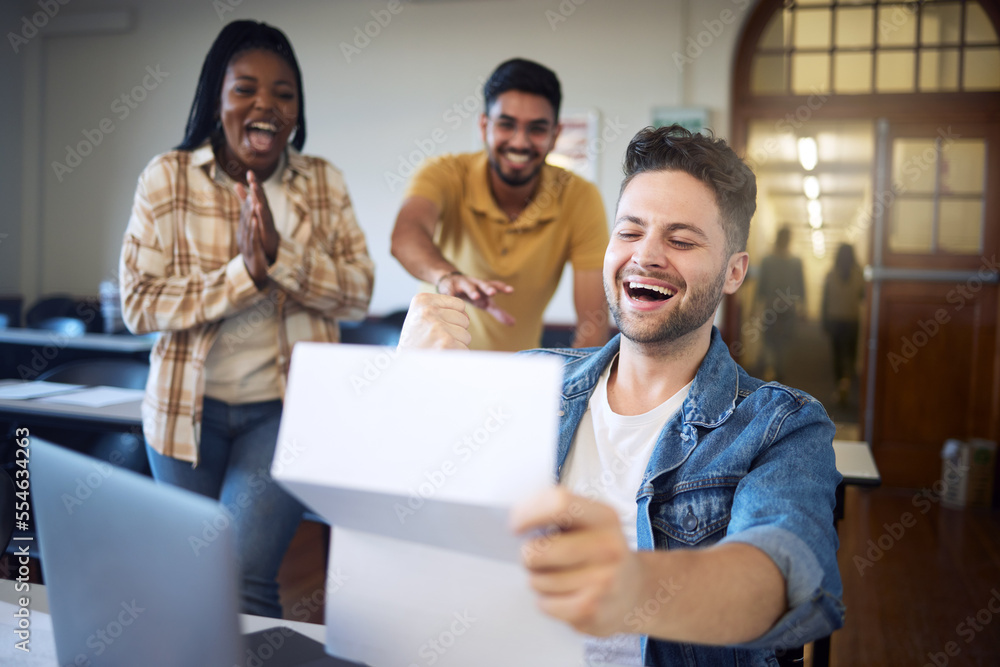 Poster Happy students, university and reading results, document and letter with success for exam, test report and education goals. College, friends and achievement on paper, notes or scholarship information