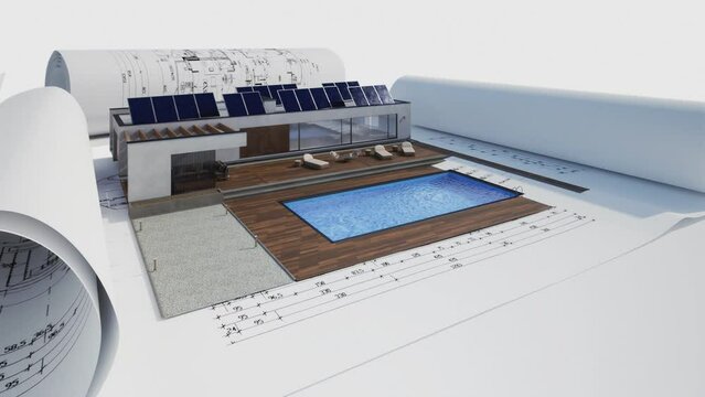 Planung eines modernen, energieeffizienten Bungalow mit Swimmingpool - 3D Visualisierung - Camera Animation