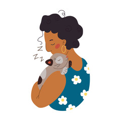 Owner giving hug their cats sitting on hands or shoulders. People of different age, nationality with their furry members of family. Animal owner and pet care cartoon vector illustration