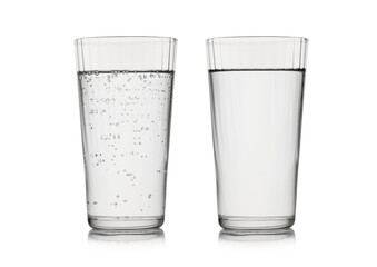 Still and sparkling mineral water with bubbles on white background.