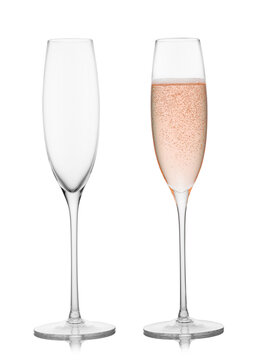 Empty and full original glassess of pink rose champagne on white background.