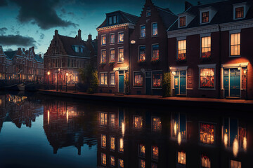 Naklejka premium Generative AI : vintage Dutch houses with a canal inbetween at twilight, illuminated houses in Amsterdam
