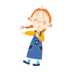 Little girl in denim dress laugh loudly and cheerfully, cartoon vector illustration. Young person with emotion. Teen character avatar isolated on white background