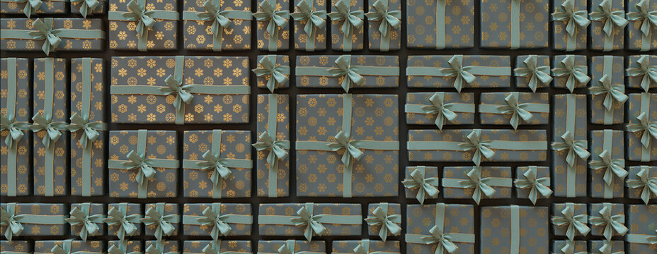 Christmas Presents Neatly arranged in a Grid. Modern Turquoise and Gold Seasonal Background.