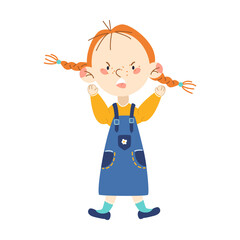 Little girl angry and yelling at parents, cartoon vector illustration. Young person with emotion. Teen character avatar isolated on white background