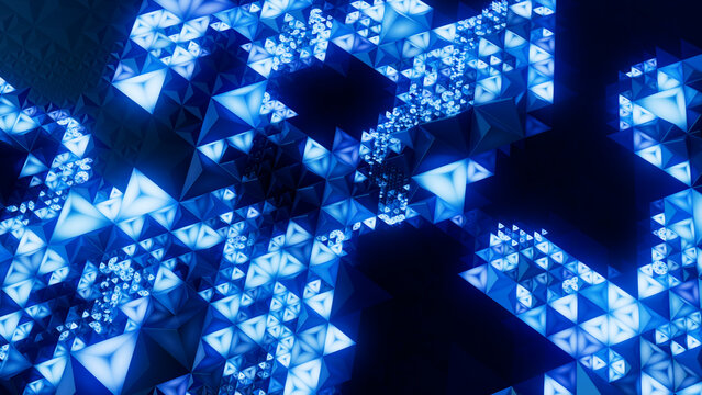 Neon Modern Surface with Tetrahedrons. Illuminated, Blue Abstract 3d Wallpaper.