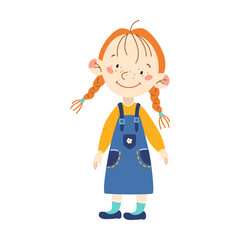 Little girl in denim dress standing and smiling, cartoon vector illustration. Young person with emotion. Teen character avatar isolated on white background