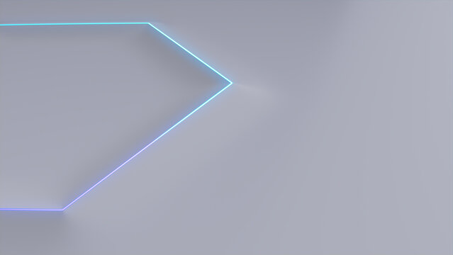 Minimalist Tech Background with Extruded Hexagon and Blue Illuminated Edge. White Surface with Embossed 3D Shape. 3D Render.