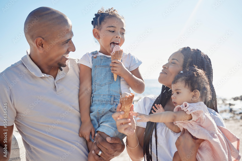 Sticker Black family, beach and ice cream with children and parents on sand by the sea or ocean during summer together. Kids, travel and relax with a mother, father and daughter siblings bonding in nature