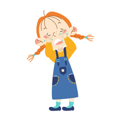 Little girl in denim dress upset and crying, cartoon vector illustration. Young person with emotion. Teen character avatar isolated on white background