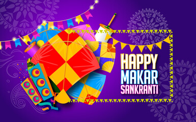 Creative Happy Makar Sankranti Festival Background Decorated with Kites, string for festival of India
