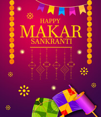 Creative Happy Makar Sankranti Festival Background Decorated with Kites, string for festival of India - 554636640