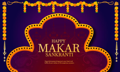 Creative Happy Makar Sankranti Festival Background Decorated with Kites, string for festival of India - 554636662