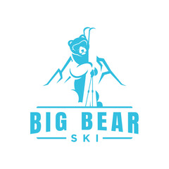 Winter Sports, Ski Icon with Bear holding skies and mountain background. Outdoor adventure logo design template.
