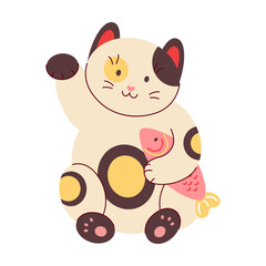 Maneki neko in clothes holding a fish in its paws cartoon vector illustration. Funny Japanese fortune cat isolated on white background. Traditional Asian toy concept