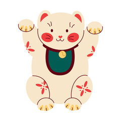 Maneki neko in clothes cartoon vector illustration. Japanese fortune cat isolated on white background. Traditional Asian toy concept